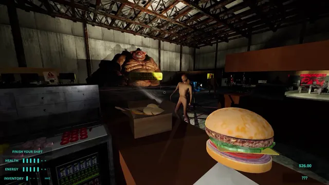 First-person view of serving a burger while a huge fleshy pig creature looms in a dark warehouse kitchen