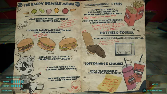 The Happy Humble menu with hand-drawn recipes for burgers, fries, nuggets, pies and drinks