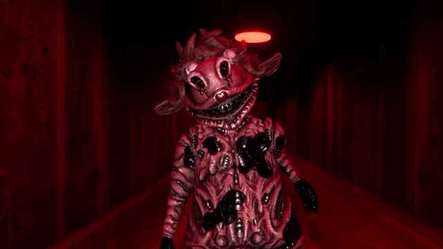 A monstrous version of the cow mascot with a mouth full of teeth walking down a red-lit corridor