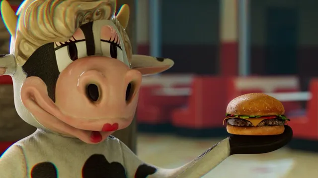 Happy the Humble Heifer, a cartoon cow mascot with blonde curls, holding out a cheeseburger in the diner