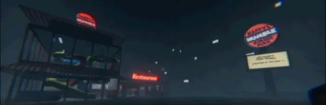 Happy's Humble Burger Farm key art: the burger restaurant and its neon signs at night under a dark sky