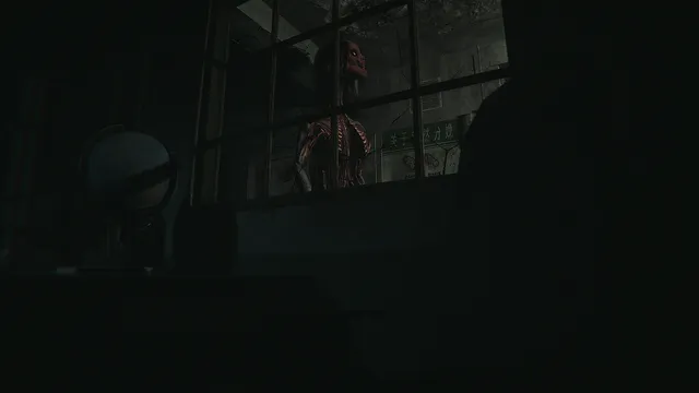 A flayed red humanoid figure standing behind the window of a dark office