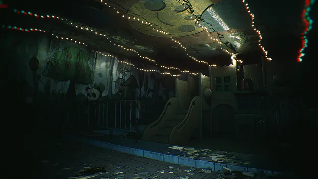 An abandoned children's ward with a painted forest mural, a slide and fairy lights along the ceiling