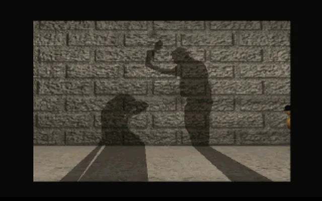 The shadow of a figure raising an axe over another falls on a brick wall