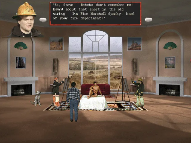 A fire marshal in a helmet greets Steve in a grand room with fireplaces, a dialogue box at the top of the screen