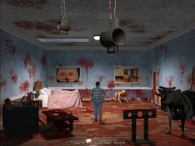 Steve stands in a blood-spattered room with stocks, a cow and a bed, in a rendered scene from Harvester