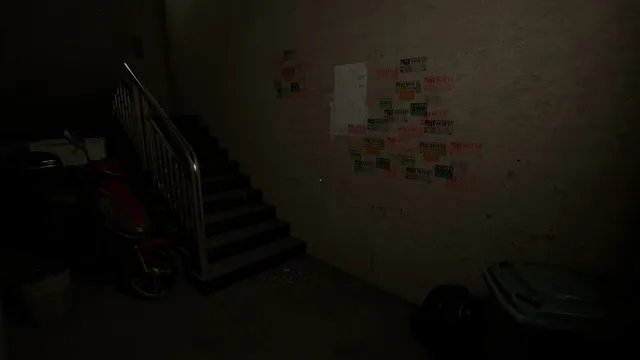 A gloomy stairwell with a parked scooter and a wall covered in posted flyers