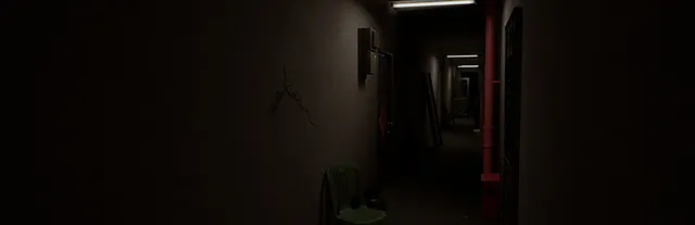 Haunted Room : 205 key art: a long, dim apartment block corridor with doors, pipes and a plastic chair