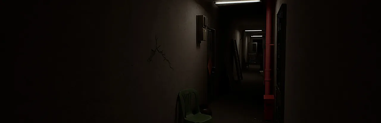 Haunted Room : 205 key art: a long, dim apartment block corridor with doors, pipes and a plastic chair