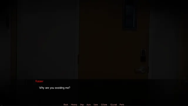 A dark doorway at night with Kaizer asking 'Why are you avoiding me?'