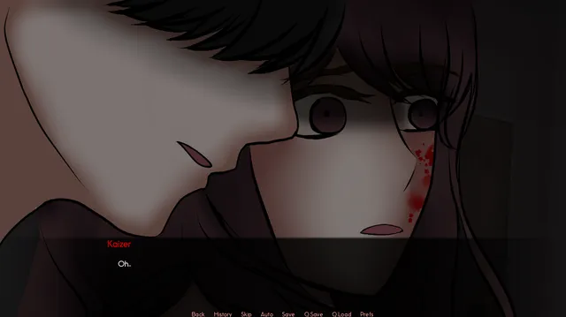 Close-up of Lia with blood on her cheek as Kaizer leans in