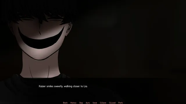 Kaizer's pale face grins out of the darkness as he walks closer to Lia
