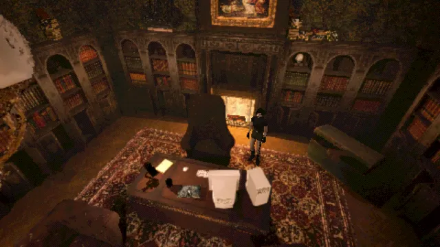 Heartworm screenshot: a fixed-camera view of Sam in a wood-panelled study with bookshelves and a fire