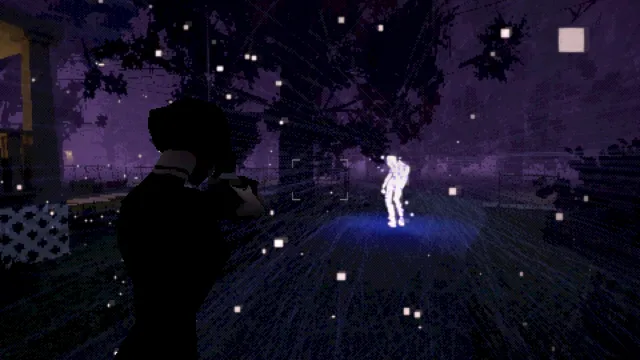 Heartworm screenshot: Sam aims her camera at a glowing white ghostly figure among drifting lights