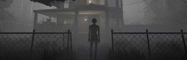 Heartworm key art: Sam stands before a fogbound house behind a chain-link fence