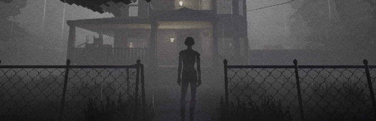 Heartworm key art: Sam stands before a fogbound house behind a chain-link fence