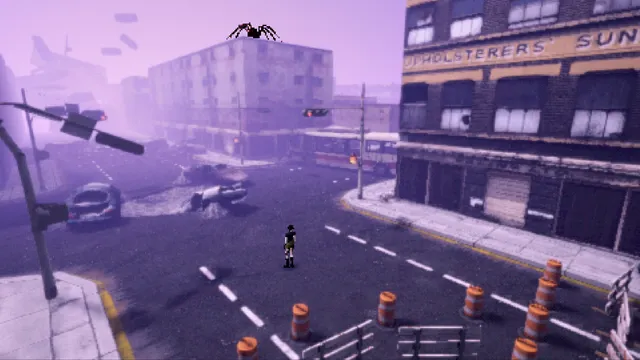 Heartworm screenshot: Sam alone in a purple, ruined city street with a giant spider on a rooftop