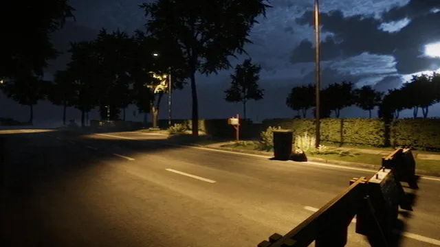 Heaven Does Not Respond screenshot: an empty road at night beside a railing under a street lamp