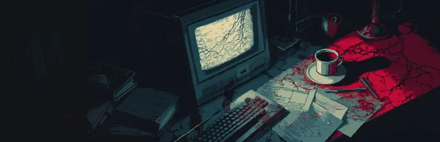 Heaven Does Not Respond key art: an old CRT computer on a desk spattered red, with a coffee cup and scattered papers