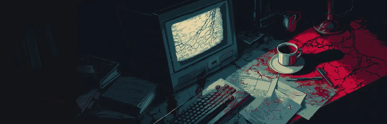 Heaven Does Not Respond key art: an old CRT computer on a desk spattered red, with a coffee cup and scattered papers