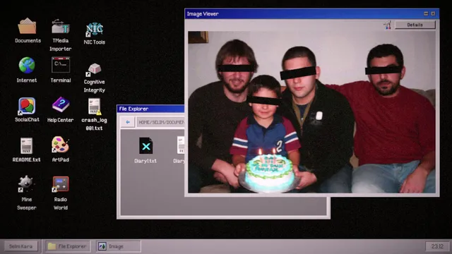 Heaven Does Not Respond screenshot: an image viewer showing a family photo around a birthday cake with eyes blacked out