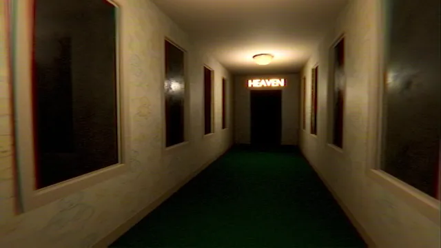 Heaven Does Not Respond screenshot: a dim hotel corridor leading to a door under a glowing HEAVEN sign