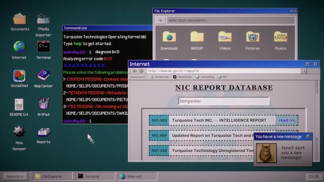 Heaven Does Not Respond screenshot: a retro desktop with a command line, file explorer and an intelligence report database open