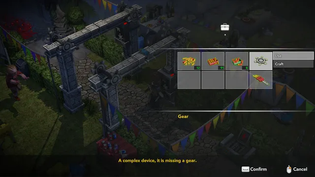 The inventory open on a gear, with the note that a complex device is missing a gear
