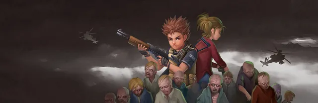 Heaven Dust 2 key art: Steve with a shotgun and a young woman back to back above a crowd of zombies, helicopters behind