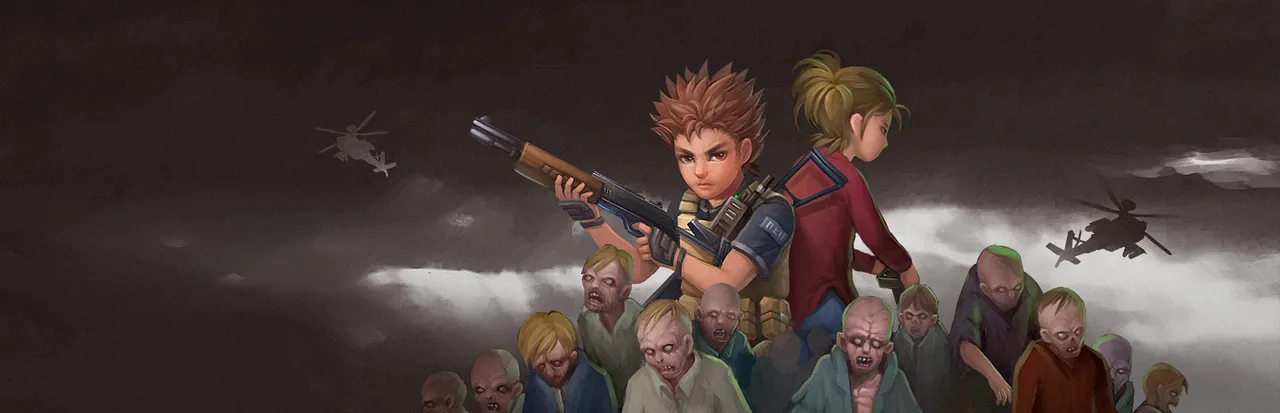 Heaven Dust 2 key art: Steve with a shotgun and a young woman back to back above a crowd of zombies, helicopters behind