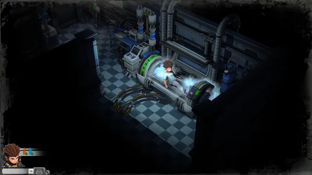Steve waking in a misting cryogenic pod in a dark laboratory, seen from above