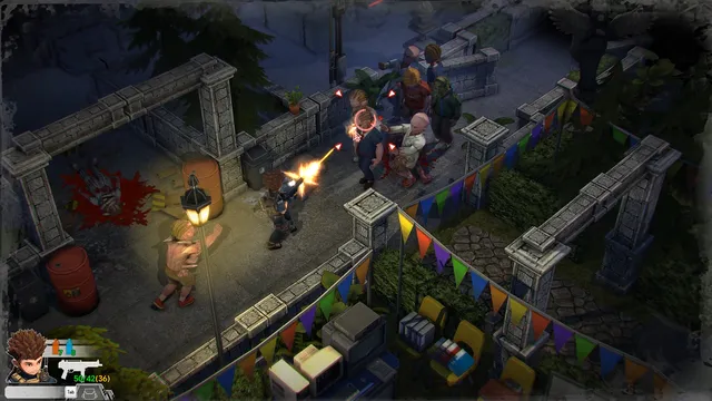 Steve firing a submachine gun at a group of zombies in a courtyard with blood on the ground