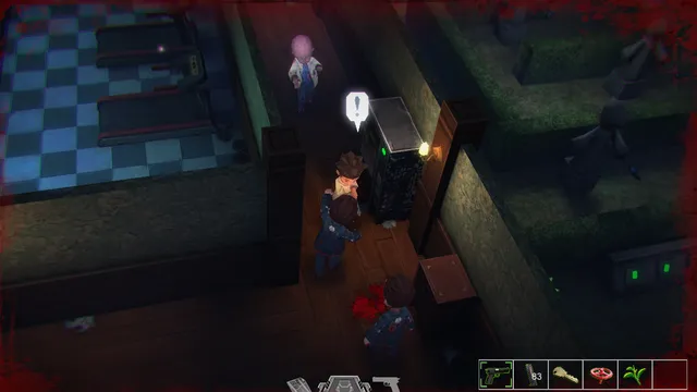 Zombies closing in on the hero in a narrow wooden corridor next to a hedge garden, the screen edged in red