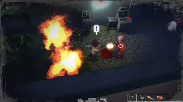 Top-down view of the hero shooting a zombie in an orange jumpsuit beside machines, with fires burning nearby