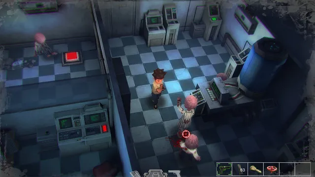 A zombie in striped pyjamas lurching at the hero in a lab with a checkered floor and old computers
