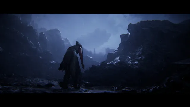 Hellblade II: Senua's Saga screenshot: Senua seen from behind, walking through a dark, rocky Icelandic ravine under a stormy sky