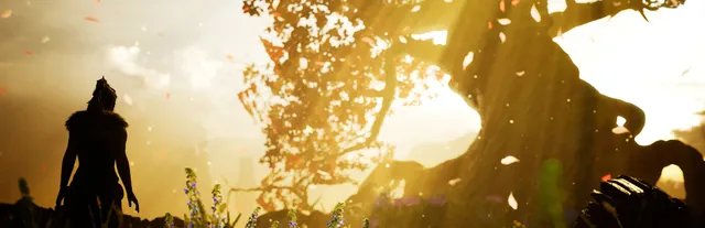Hellblade: Senua's Sacrifice key art: Senua in silhouette stands among wildflowers before a great tree lit by golden sunlight and falling leaves