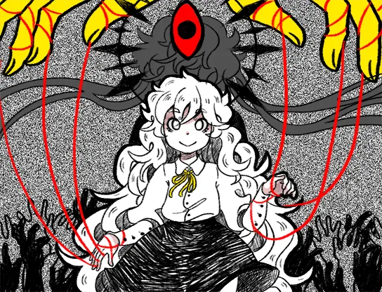 Hello Charlotte EP1 cover: Charlotte, a pale girl with long white hair, held by red puppet strings from yellow hands, under a one-eyed figure
