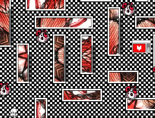 Hello Charlotte EP1 screenshot: a checkered maze of red-streaked walls with blood-spattered round creatures