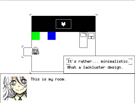 Hello Charlotte EP1 screenshot: a tiny Charlotte in her bare white room, saying this is my room, as a voice calls it minimalistic