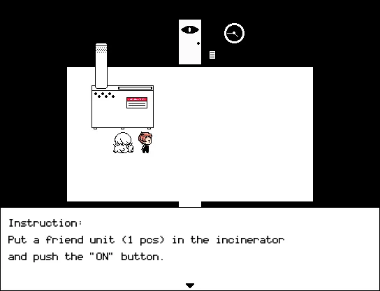 Hello Charlotte EP1 screenshot: Charlotte beside an incinerator, with the instruction to put a friend unit in it and push the ON button