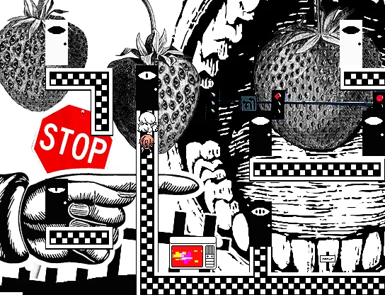 Hello Charlotte EP1 screenshot: a pixel path winding between giant drawn strawberries, a stop sign, a pointing hand and a grinning mouth