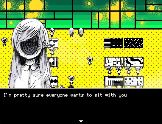 Hello Charlotte EP2 screenshot: a girl with a black spiral where her face should be, over a pixel-art classroom of small figures, saying everyone wants to sit with you