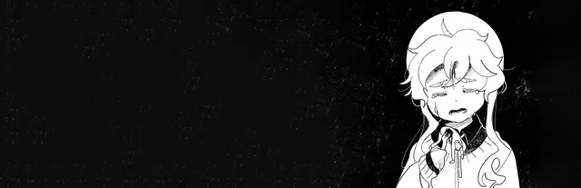 Hello Charlotte EP2 key art: Charlotte, a pale girl drawn in black and white, cries against a dark background