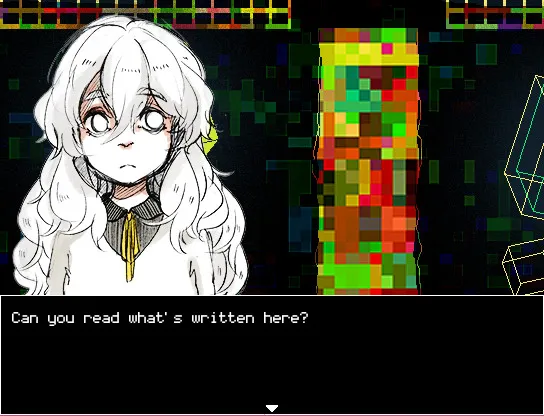 Hello Charlotte EP2 screenshot: Charlotte looks out beside a glitching wall of coloured pixels, with the line Can you read what's written here