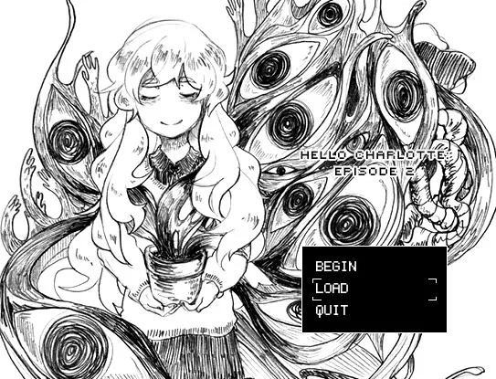 Hello Charlotte EP2 title screen: Charlotte holding a potted plant amid inked tendrils and spiral eyes, with Begin, Load and Quit