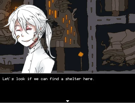 Hello Charlotte EP2 screenshot: a smiling white-haired boy with a bandaged cheek over a dark ruined street, saying let's look if we can find a shelter here