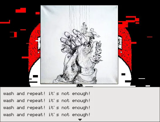 Hello Charlotte EP3 screenshot: an inked drawing of grotesque hands amid red glitches, with the text wash and repeat, it's not enough