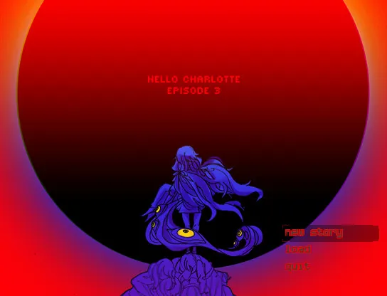 Hello Charlotte EP3 title screen: a blue-haired figure before a huge dark red circle, with New story, Load and Quit