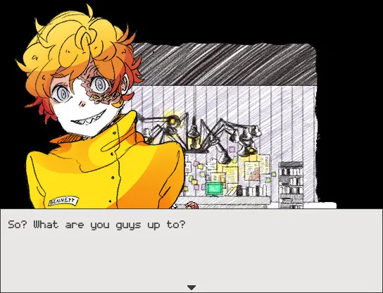 Hello Charlotte EP3 screenshot: a grinning boy in a yellow jacket in front of a cluttered workshop, asking what are you guys up to